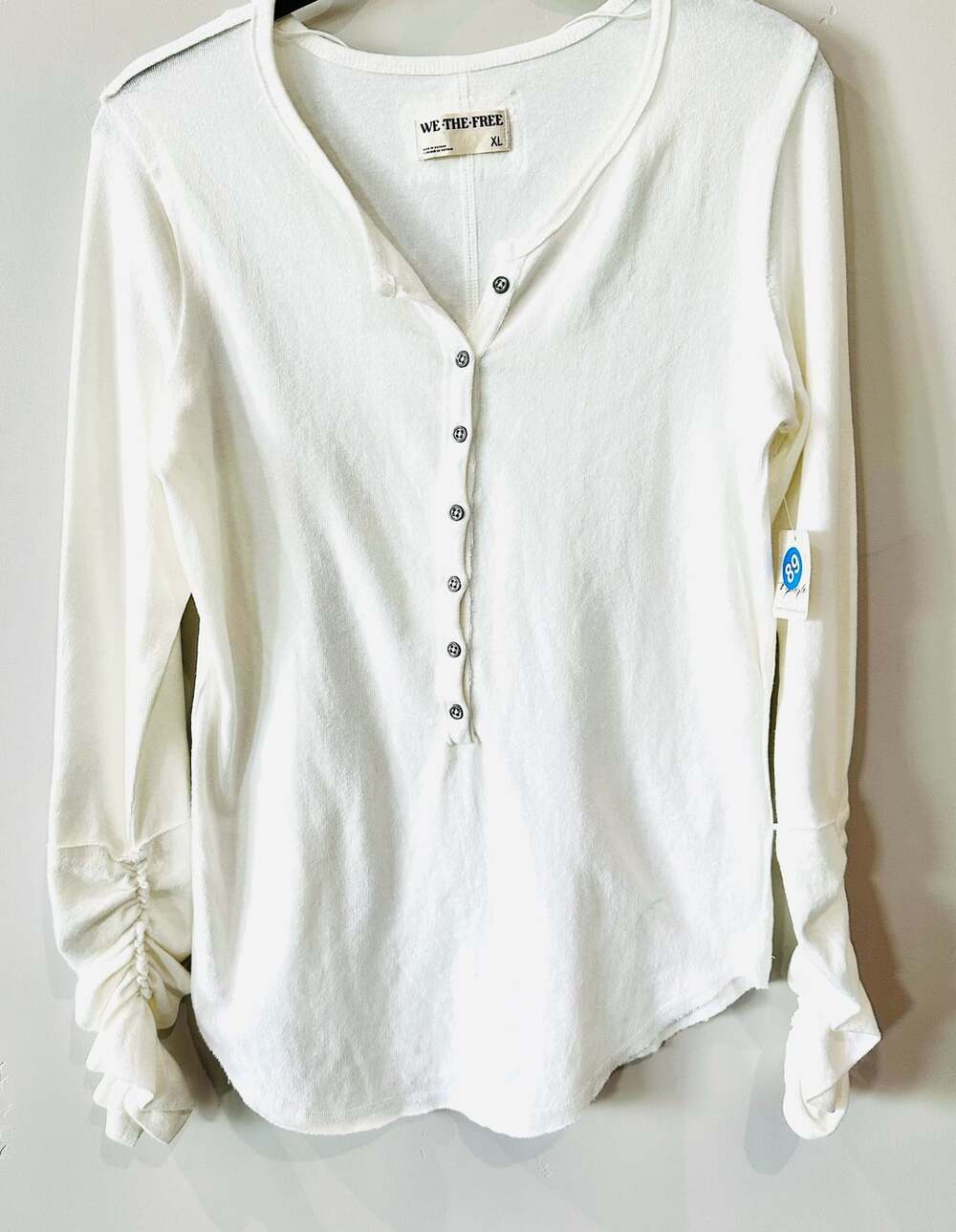 Free People NWT Henley Ivory Thermal Top Ruched Sleeves XL